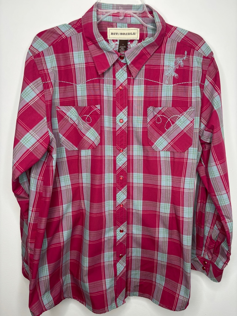 Bit & Bridle Plaid Western Embroidered Pearl Snap Shirt Womens Plus Sz 1X Rodeo